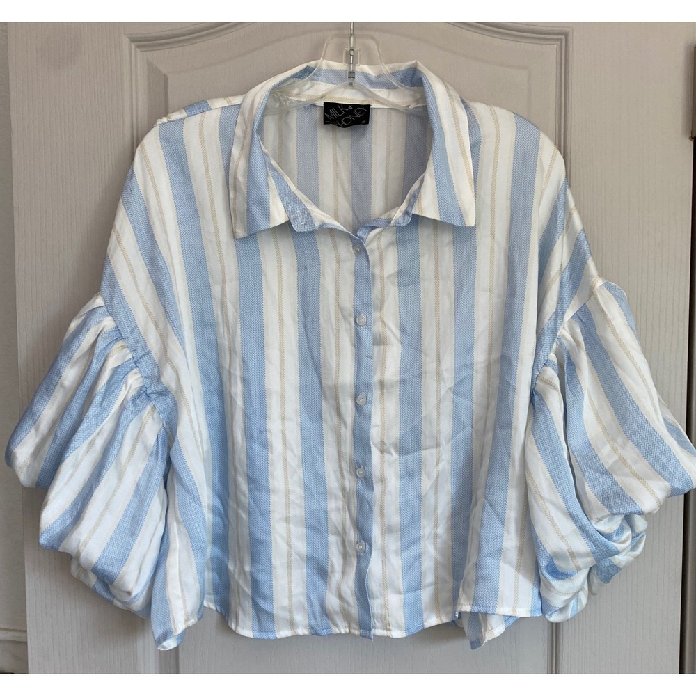 Milk & Honey Blue White Striped Puff Sleeve Button Up Blouse Top XL 41877T-3 - Picture 2 of 9